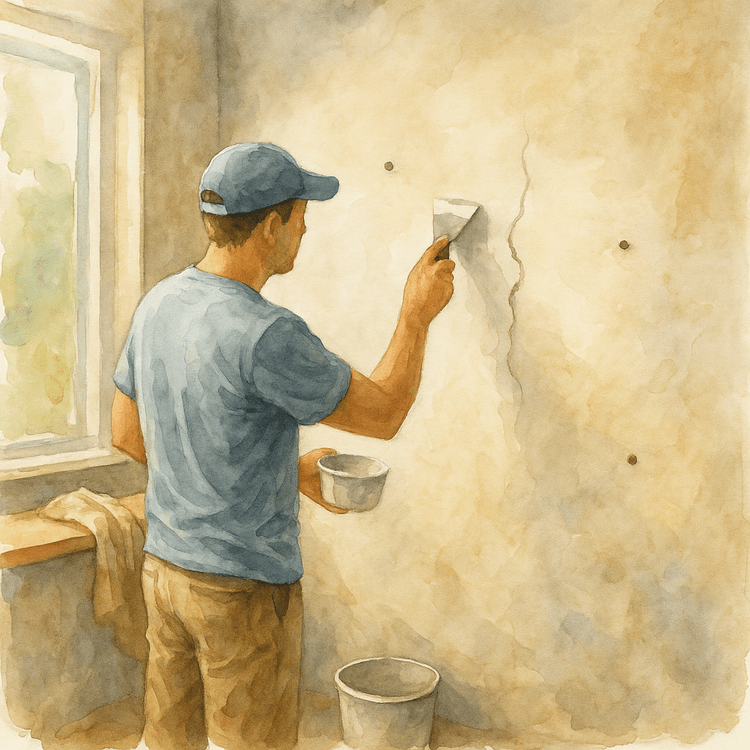 Persona reparando y limpiando un muro antes de instalar papel mural