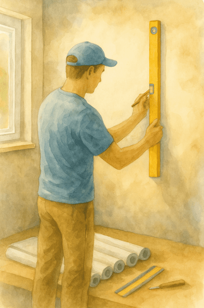 Persona midiendo el muro y marcando una línea vertical con un nivel