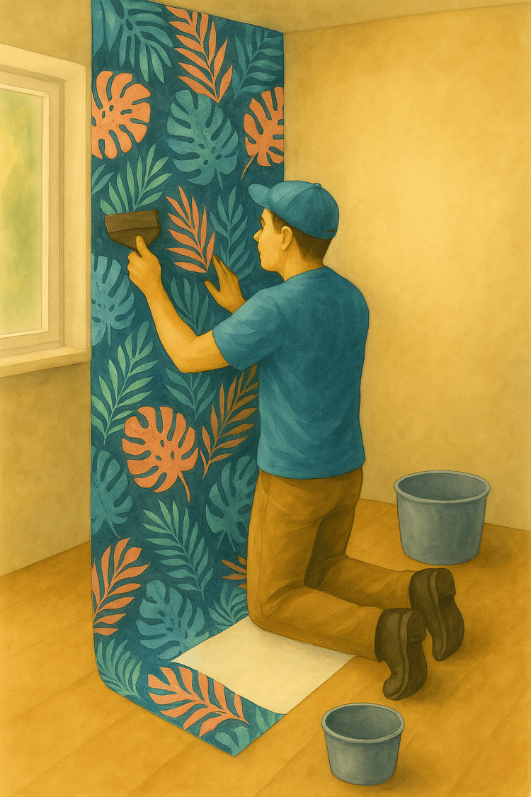 Persona instalando el primer paño de papel mural y alisando con espátula