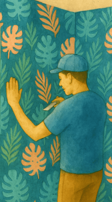 Persona cortando con cúter los excedentes del papel mural en los bordes